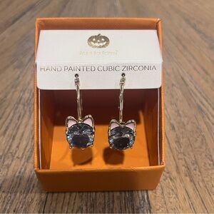 Pink Blue CZ Cat Hoop Earrings Gold Tone Metal Halloween Jewelry for Adults NIB
